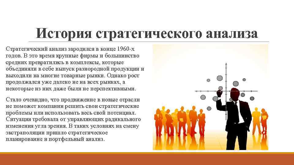 История стратегического анализа Стратегический анализ зародился в конце 1960 -х годов. В это время