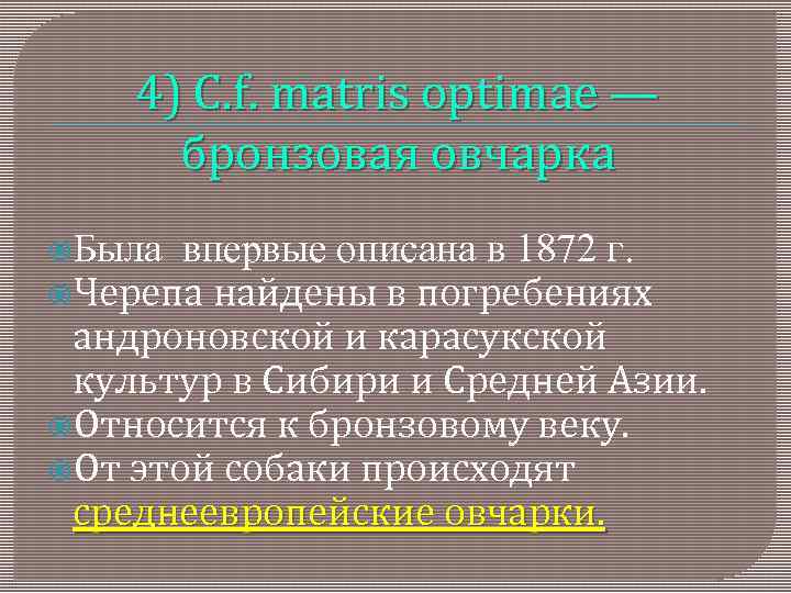 4) C. f. matris optimae — бронзовая овчарка Была впервые описана в 1872 г.