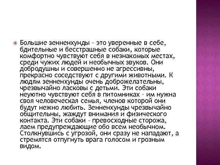  Большие зенненхунды – это уверенные в себе, бдительные и бесстрашные собаки, которые комфортно