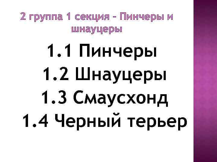 2 группа 1 секция – Пинчеры и шнауцеры 1. 1 Пинчеры 1. 2 Шнауцеры