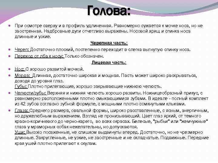 Голова: При осмотре сверху и в профиль удлиненная. Равномерно сужается к мочке носа, но