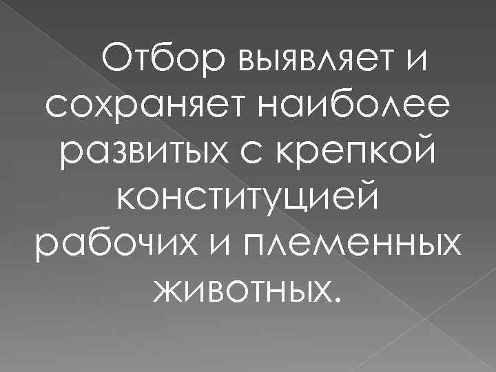 Отбор выявляет и сохраняет наиболее развитых с крепкой конституцией рабочих и племенных животных. 