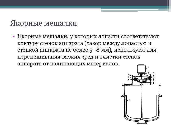 Якорные мешалки • Якорные мешалки, у которых лопасти соответствуют контуру стенок аппарата (зазор между