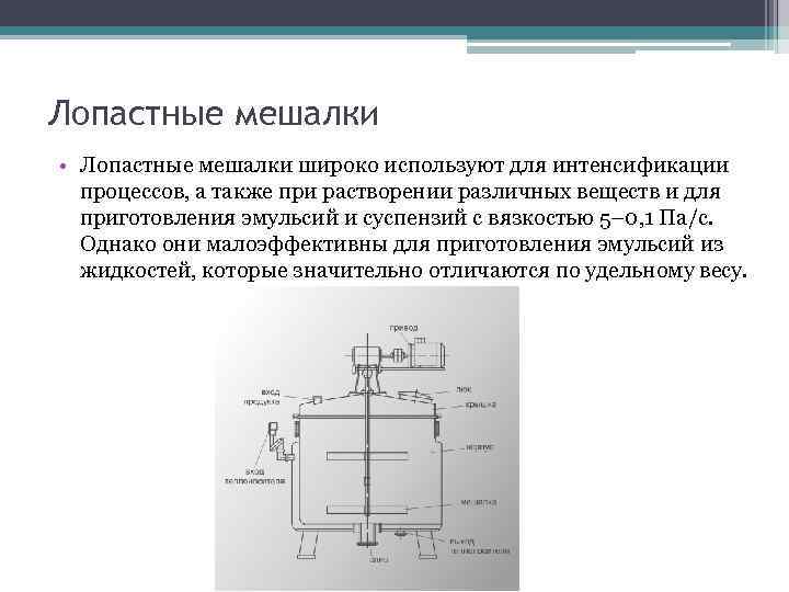 Лопастные мешалки • Лопастные мешалки широко используют для интенсификации процессов, а также при растворении