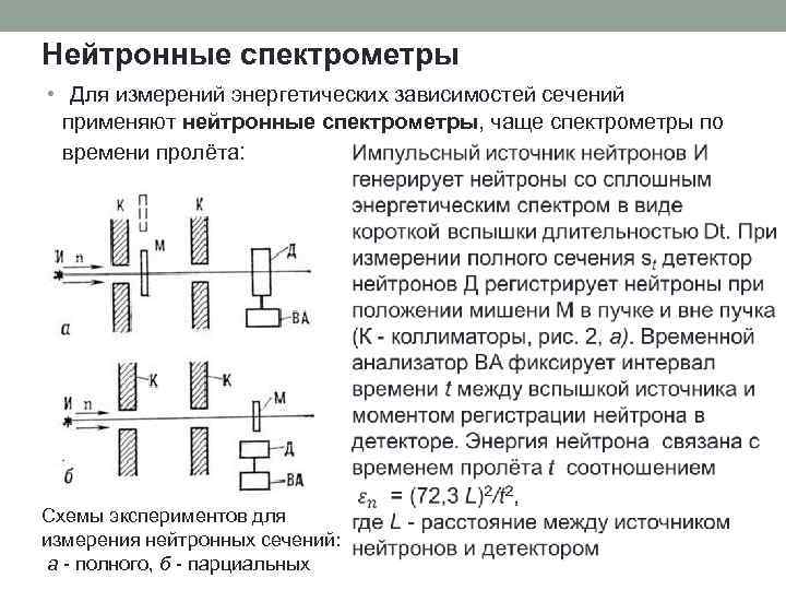 Нейтронные спектрометры • Для измерений энергетических зависимостей сечений применяют нейтронные спектрометры, чаще спектрометры по