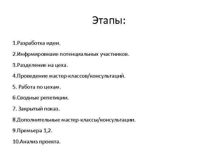  Этапы: 1. Разработка идеи. 2. Инфрмировнаие потенциальных участников. 3. Разделение на цеха. 4.