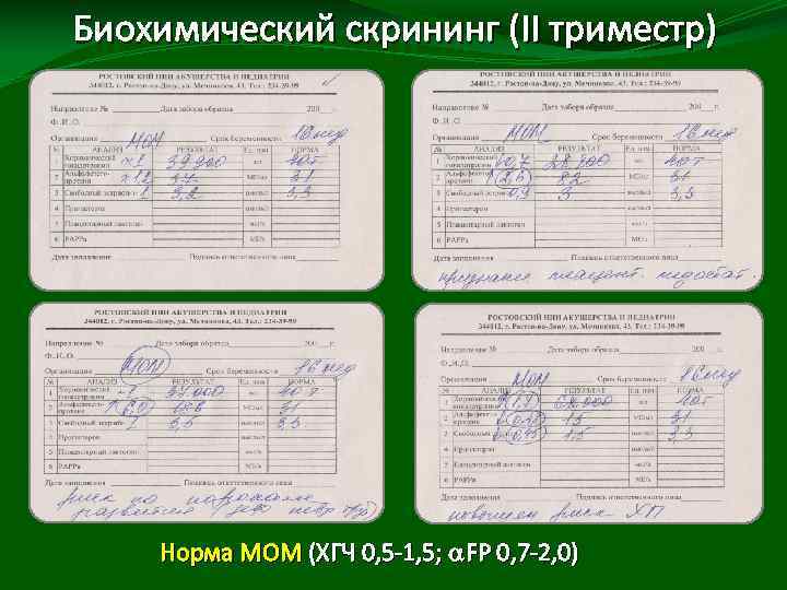 Биохимический скрининг (II триместр) Норма MOM (ХГЧ 0, 5 -1, 5; FP 0, 7