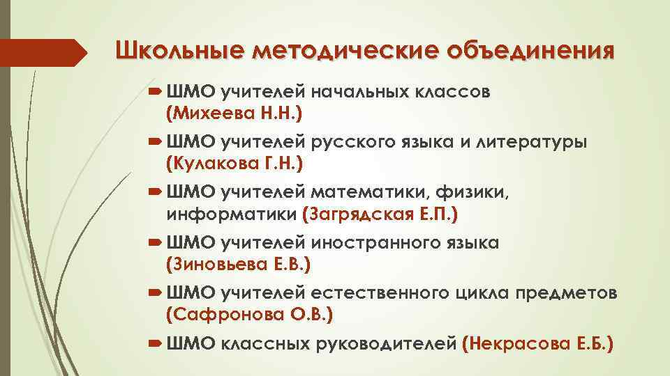 Школьные методические объединения ШМО учителей начальных классов (Михеева Н. Н. ) ШМО учителей русского