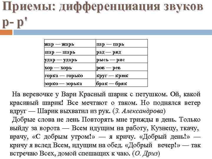 Приемы: дифференциация звуков р- р' жар — жарь шар — шарь удар — ударь