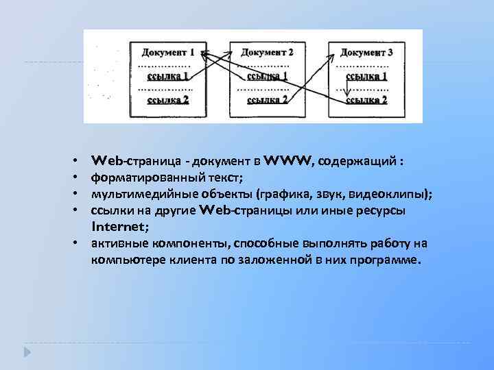 Web страница документ в WWW, содержащий : форматированный текст; мультимедийные объекты (графика, звук, видеоклипы);