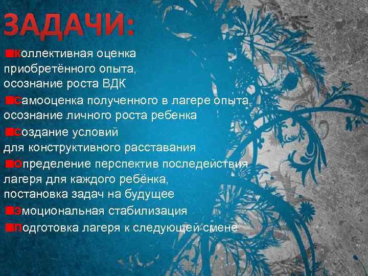 ЗАДАЧИ: коллективная оценка приобретённого опыта, осознание роста ВДК самооценка полученного в лагере опыта, осознание