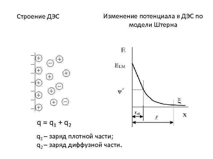 Строение ДЭС Изменение потенциала в ДЭС по модели Штерна q = q 1 +