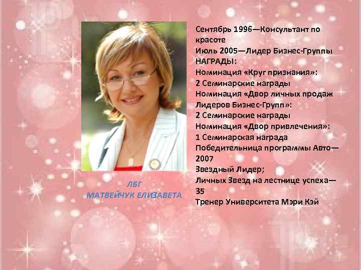 ЛБГ МАТВЕЙЧУК ЕЛИЗАВЕТА Сентябрь 1996—Консультант по красоте Июль 2005—Лидер Бизнес-Группы НАГРАДЫ: Номинация «Круг признания»