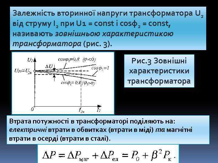 Залежність вторинної напруги трансформатора U 2 від струму І2 при U 1 = const