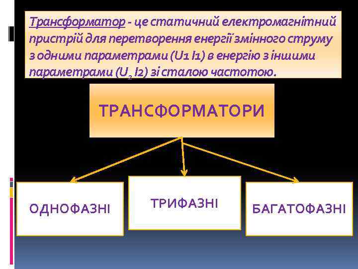 Трансформатор - це статичний електромагнітний пристрій для перетворення енергії змінного струму з одними параметрами