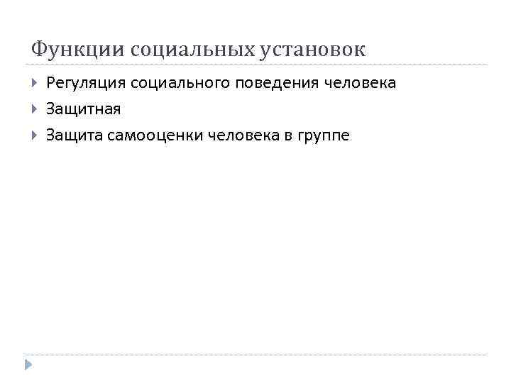 Функции социальных установок Регуляция социального поведения человека Защитная Защита самооценки человека в группе 