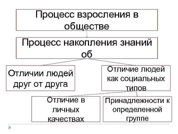 Процесс взросления в обществе Процесс накопления знаний об Отличии людей друг от друга Отличие