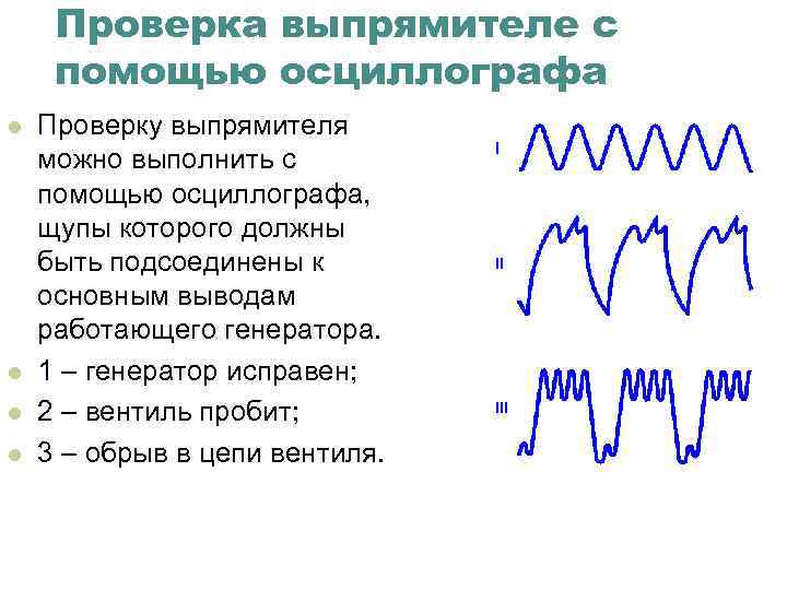 Проверка выпрямителе с помощью осциллографа l l Проверку выпрямителя можно выполнить с помощью осциллографа,