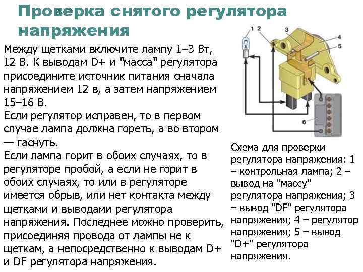 Проверка снятого регулятора напряжения Между щетками включите лампу 1– 3 Вт, 12 В. К