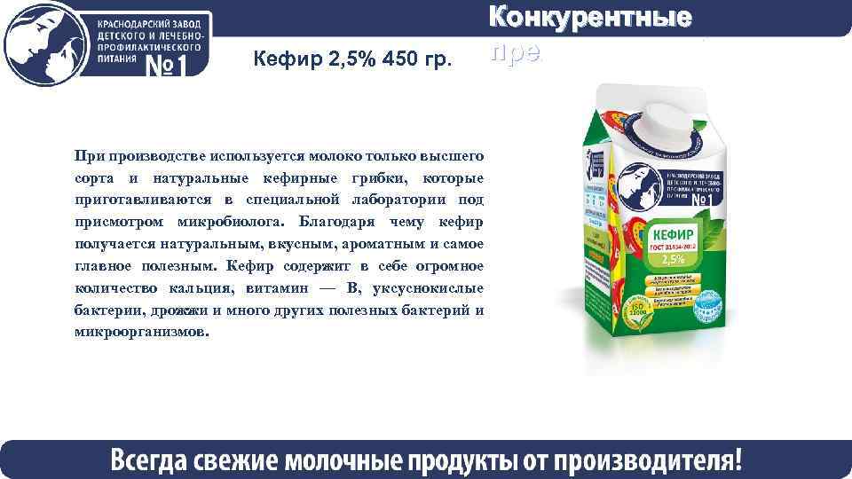  Кефир 2, 5% 450 гр. При производстве используется молоко только высшего сорта и