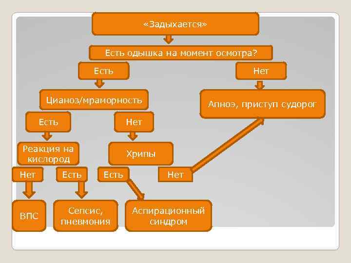  «Задыхается» Есть одышка на момент осмотра? Есть Нет Цианоз/мраморность Есть Апноэ, приступ судорог