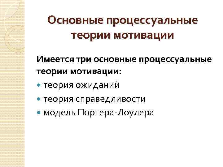 Основные процессуальные теории мотивации Имеется три основные процессуальные теории мотивации: теория ожиданий теория справедливости