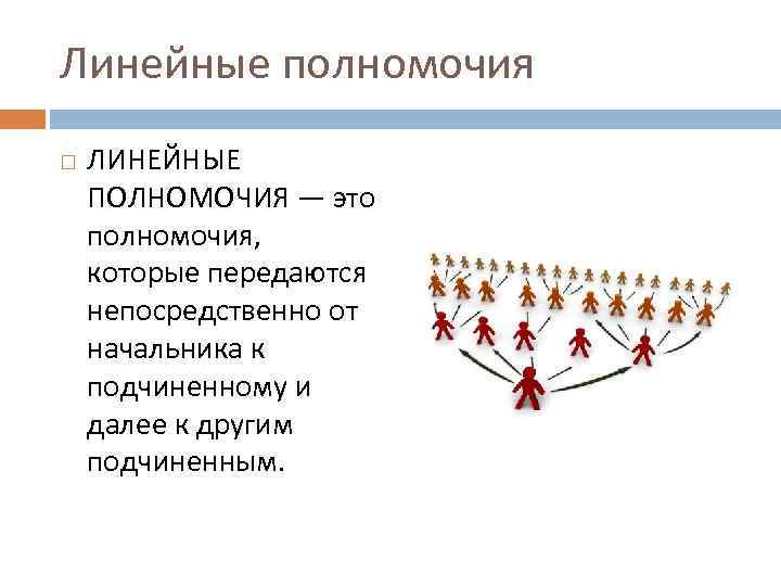 Линейные полномочия ЛИНЕЙНЫЕ ПОЛНОМОЧИЯ — это полномочия, которые передаются непосредственно от начальника к подчиненному