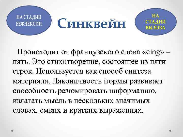 Синквейн Происходит от французского слова «cing» – пять. Это стихотворение, состоящее из пяти строк.