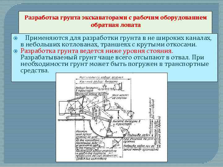 Разработка грунта экскаваторами с рабочим оборудованием обратная лопата Применяются для разработки грунта в не