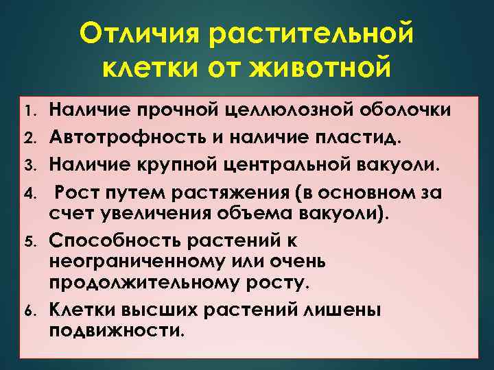 Отличия растительной клетки от животной 1. 2. 3. 4. 5. 6. Наличие прочной целлюлозной