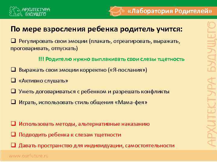  «Лаборатория Родителей» По мере взросления ребенка родитель учится: q Регулировать свои эмоции (плакать,