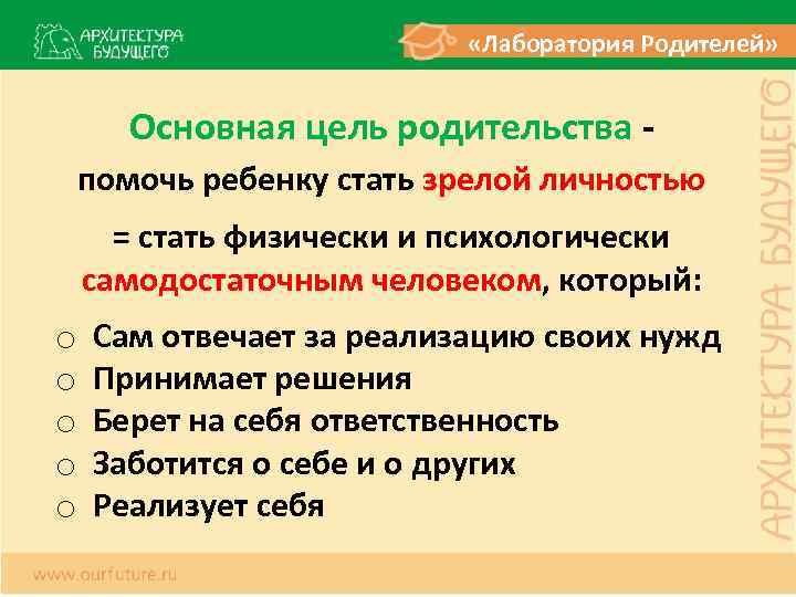  «Лаборатория Родителей» Основная цель родительства - помочь ребенку стать зрелой личностью = стать