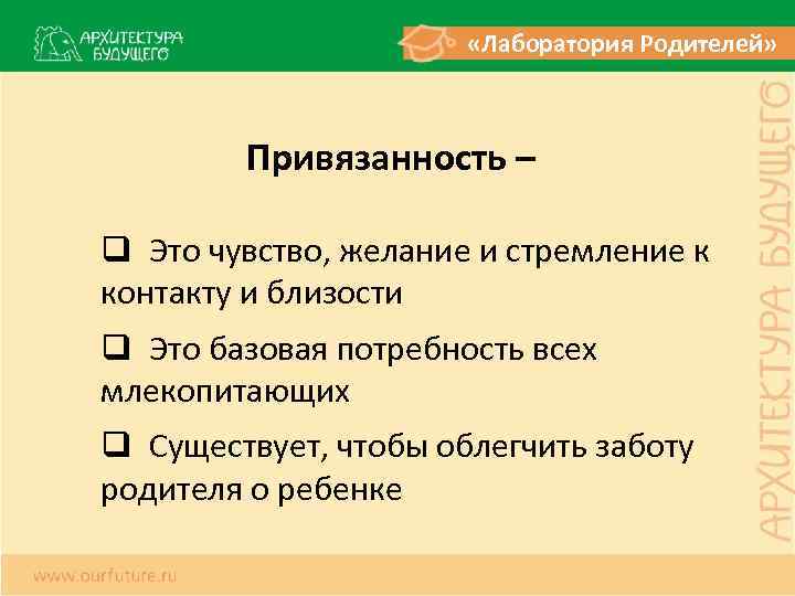  «Лаборатория Родителей» Привязанность – q Это чувство, желание и стремление к контакту и