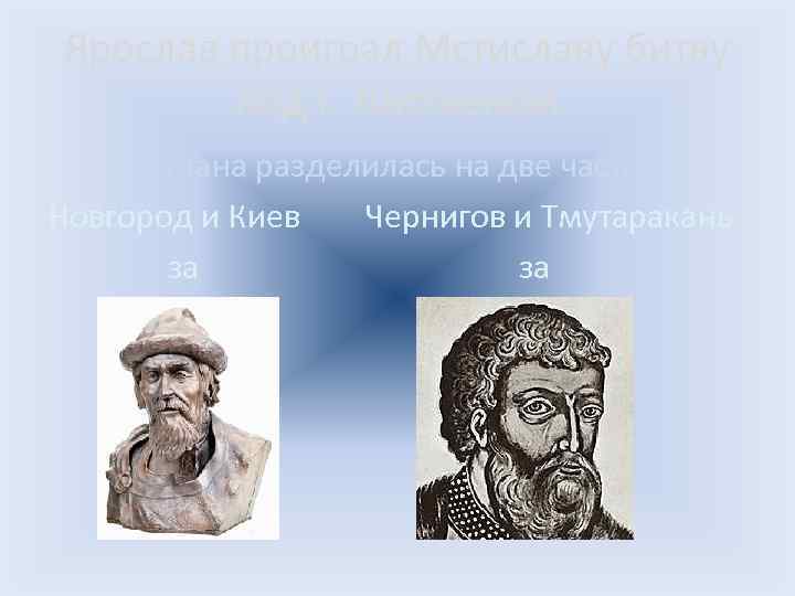 Ярослав проиграл Мстиславу битву под г. Лиственом Страна разделилась на две части: Новгород и