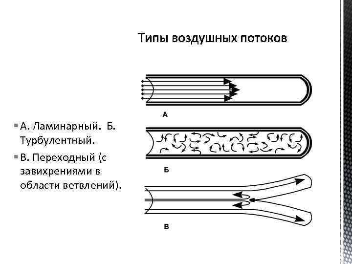 § А. Ламинарный. Б. Турбулентный. § В. Переходный (с завихрениями в области ветвлений). 