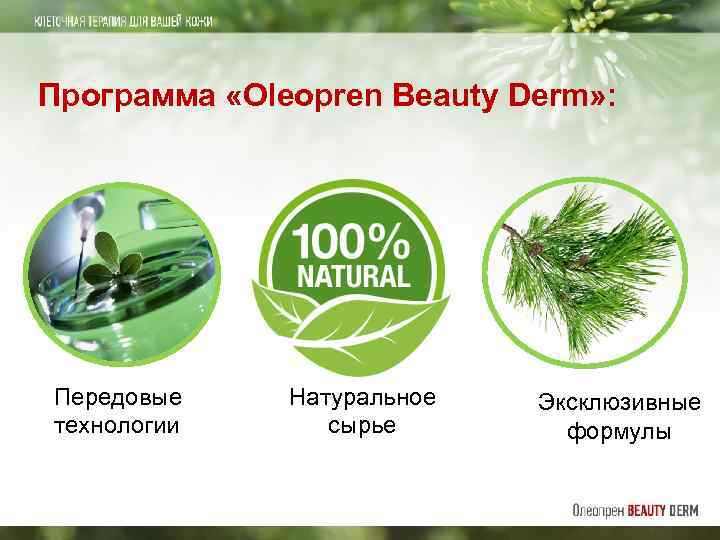 Программа «Oleopren Beauty Derm» : Передовые технологии Натуральное сырье Эксклюзивные формулы 