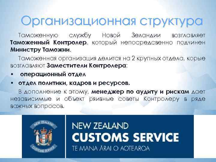 Организационная структура Таможенную службу Новой Зеландии возглавляет Таможенный Контролер, который непосредсвенно подчинен Министру Таможни.