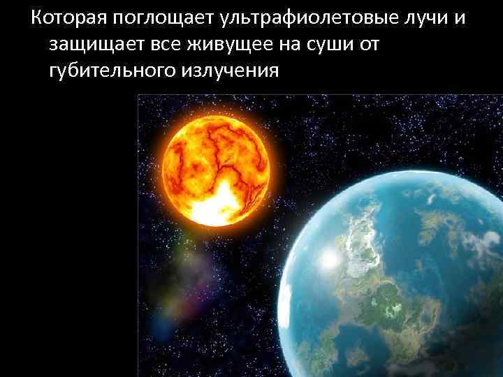 Которая поглощает ультрафиолетовые лучи и защищает все живущее на суши от губительного излучения 