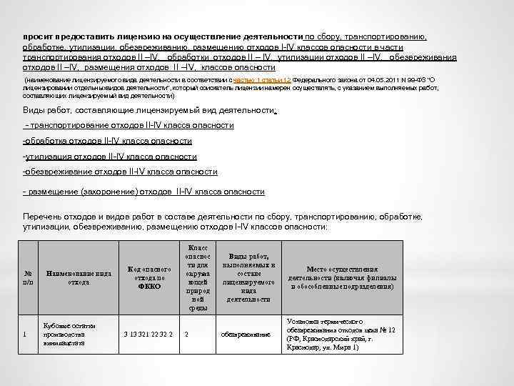 просит предоставить лицензию на осуществление деятельности по сбору, транспортированию, обработке, утилизации, обезвреживанию, размещению отходов