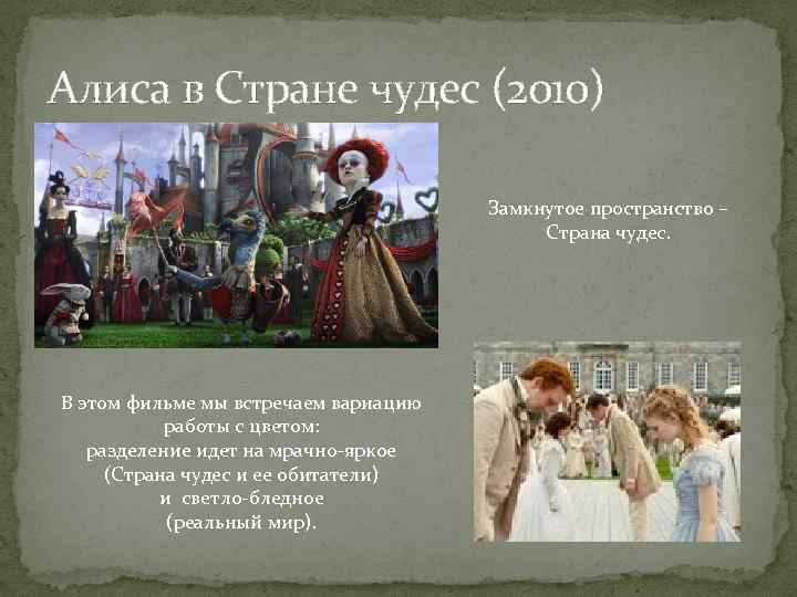 Алиса в Стране чудес (2010) Замкнутое пространство – Страна чудес. В этом фильме мы