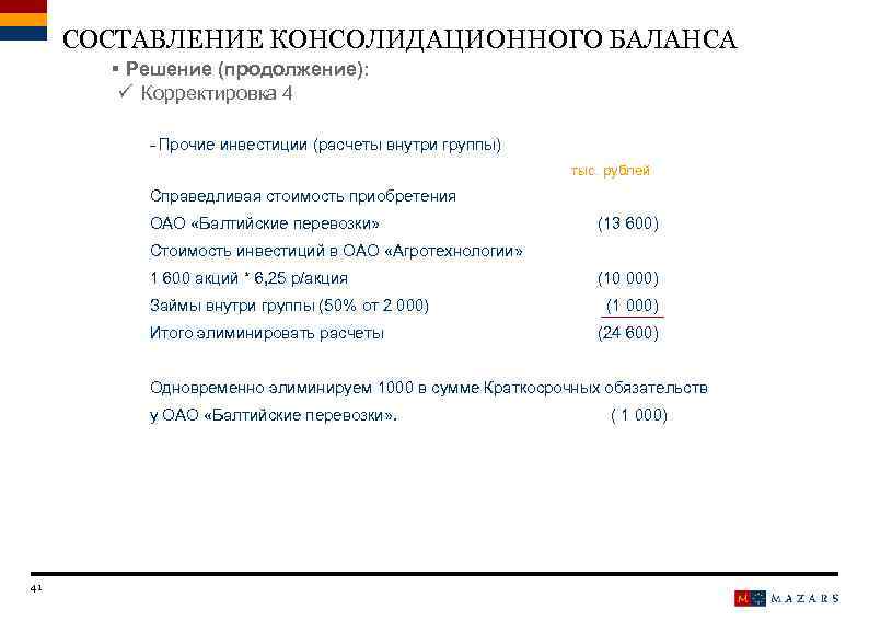 СОСТАВЛЕНИЕ КОНСОЛИДАЦИОННОГО БАЛАНСА § Решение (продолжение): ü Корректировка 4 - Прочие инвестиции (расчеты внутри