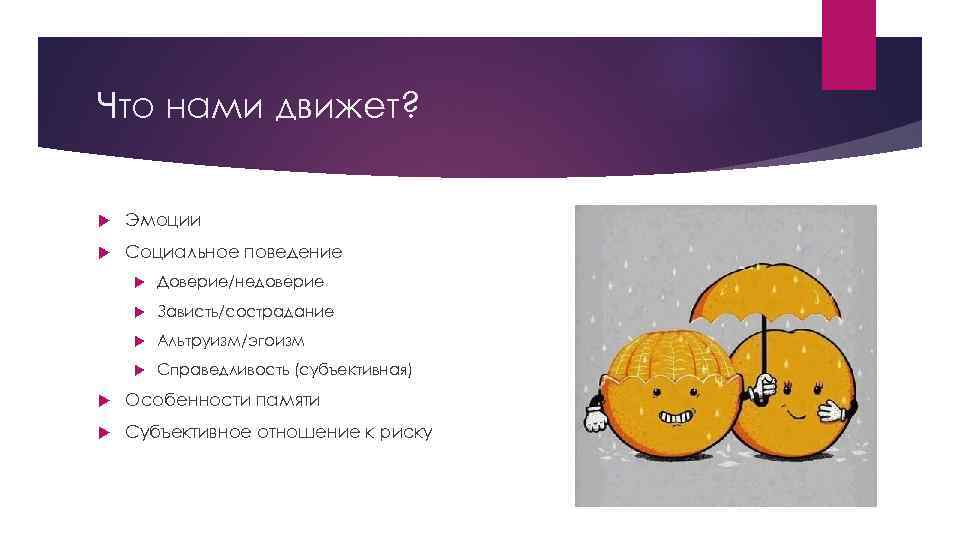 Что нами движет? Эмоции Социальное поведение Доверие/недоверие Зависть/сострадание Альтруизм/эгоизм Справедливость (субъективная) Особенности памяти Субъективное