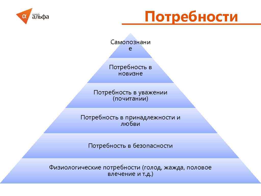 Потребности Самопознани е Потребность в новизне Потребность в уважении (почитании) Потребность в принадлежности и