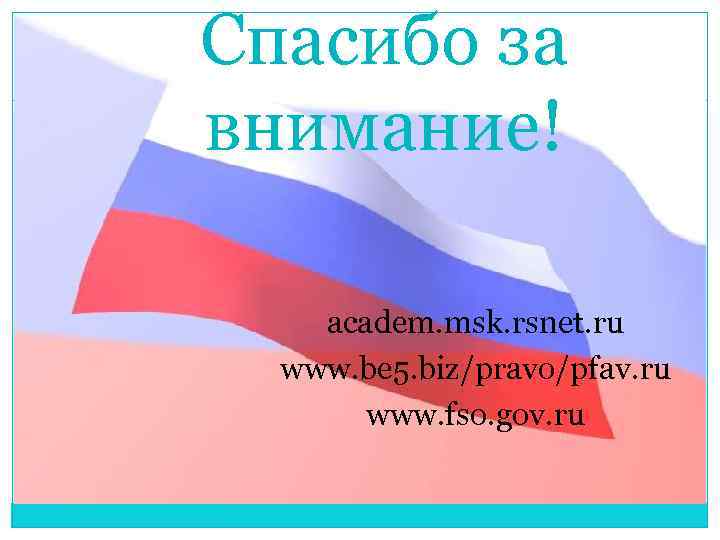 Спасибо за внимание! academ. msk. rsnet. ru www. be 5. biz/pravo/pfav. ru www. fso.