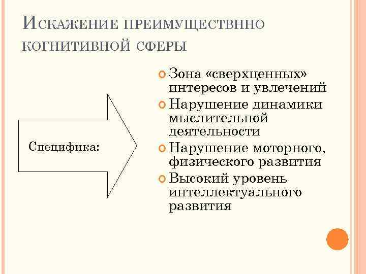 ИСКАЖЕНИЕ ПРЕИМУЩЕСТВННО КОГНИТИВНОЙ СФЕРЫ Зона Специфика: «сверхценных» интересов и увлечений Нарушение динамики мыслительной деятельности