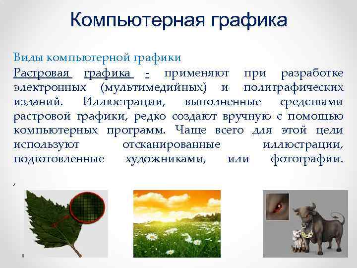 Компьютерная графика Виды компьютерной графики Растровая графика - применяют при разработке электронных (мультимедийных) и