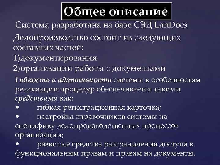 Общее описание Система разработана на базе СЭД Lan. Docs Делопроизводство состоит из следующих составных