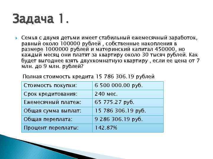 Задача 1. Семья с двумя детьми имеет стабильный ежемесячный заработок, равный около 100000 рублей