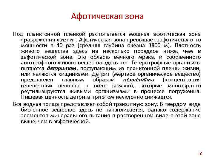 Афотическая зона Под планктонной пленкой располагается мощная афотическая зона «разрежения жизни» . Афотическая зона