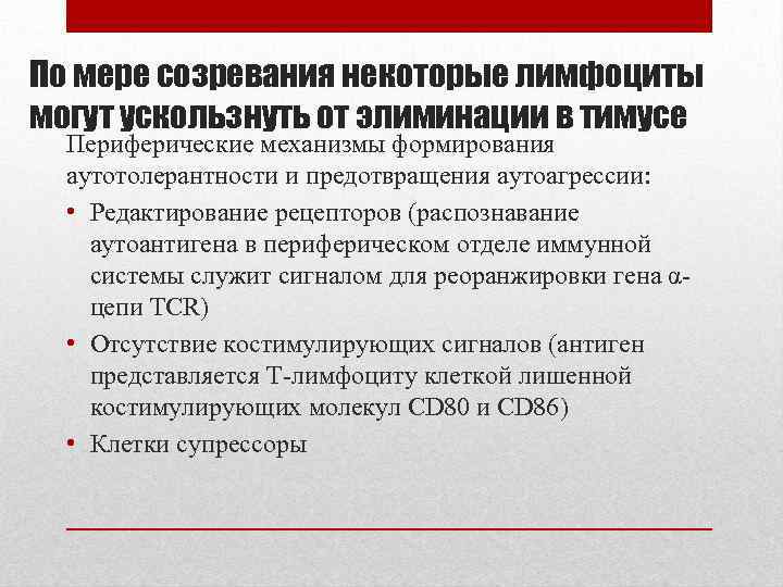 По мере созревания некоторые лимфоциты могут ускользнуть от элиминации в тимусе Периферические механизмы формирования